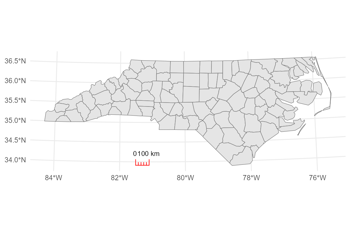 A map with a red scale bar fixed to 100km length.