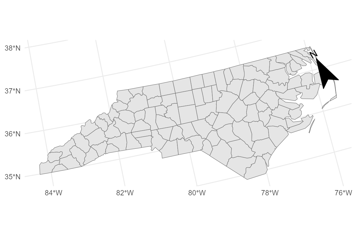 Two maps demonstrating north arrows. The first shows a rotated compass rose pointing to True North. The second shows a manually rotated Grid North arrow.