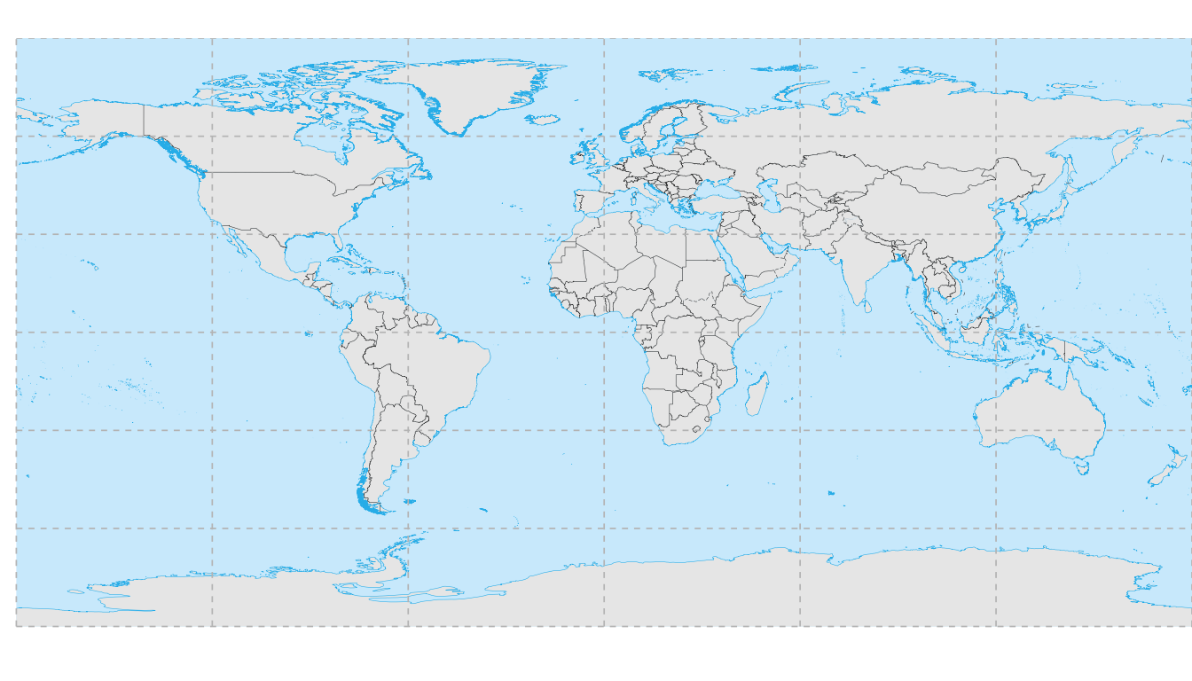 A world map with custom graticule lines labeled every 60 degrees longitude and 30 degrees latitude.
