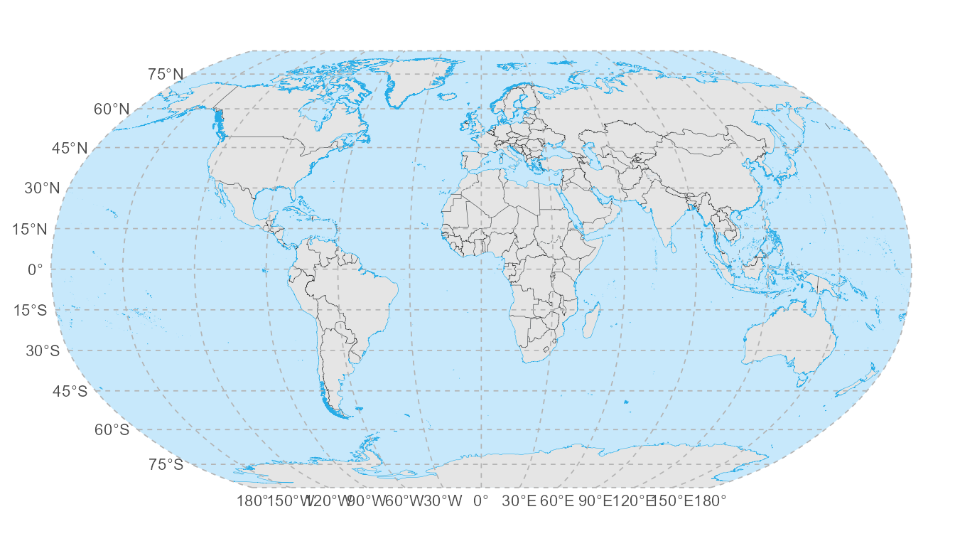 A Robinson projection map with curved graticule lines.