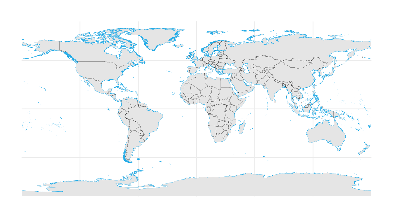A world map with the blue ocean layer removed, showing grey countries on a white background.
