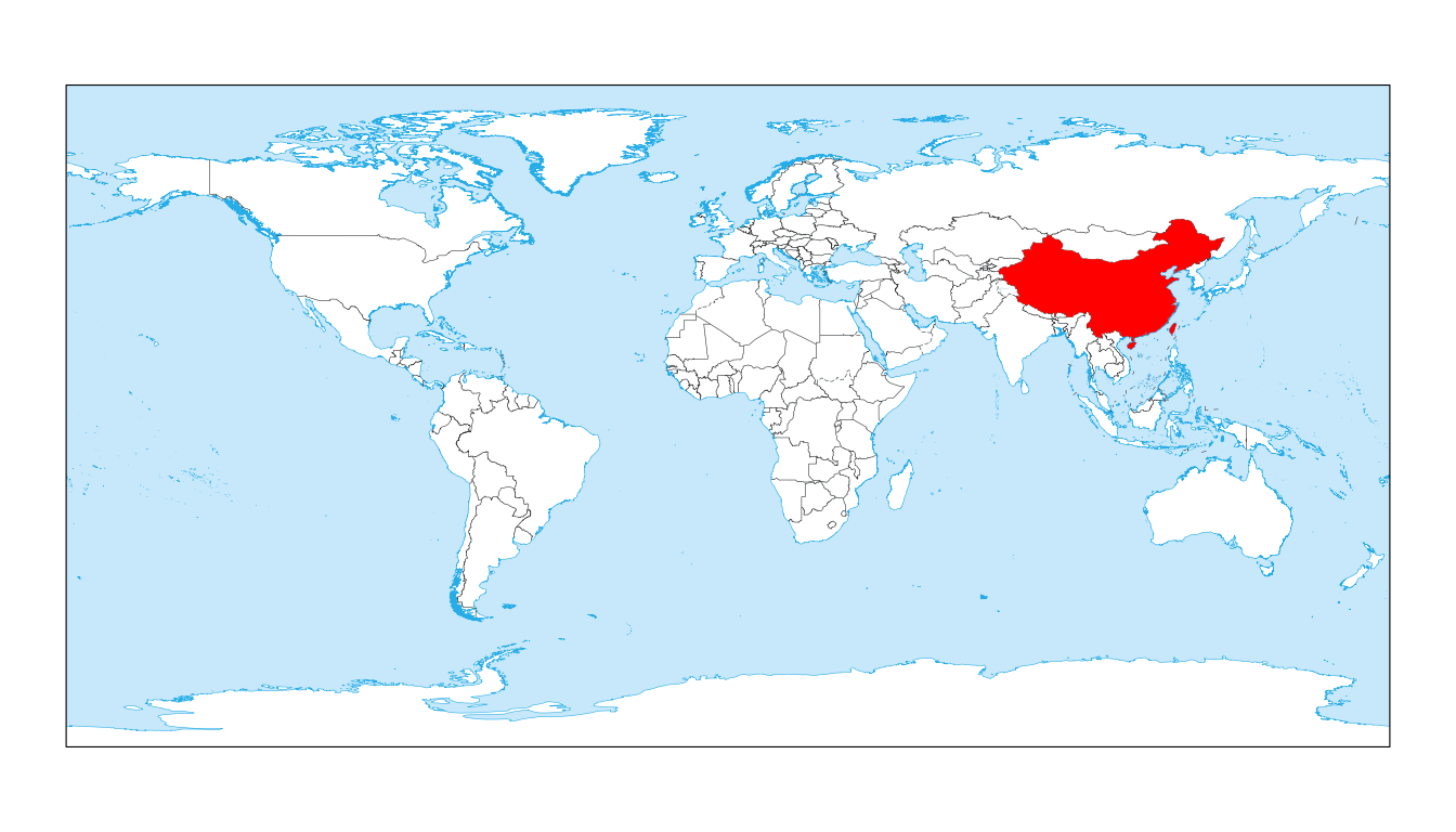 A world map with China highlighted in red.