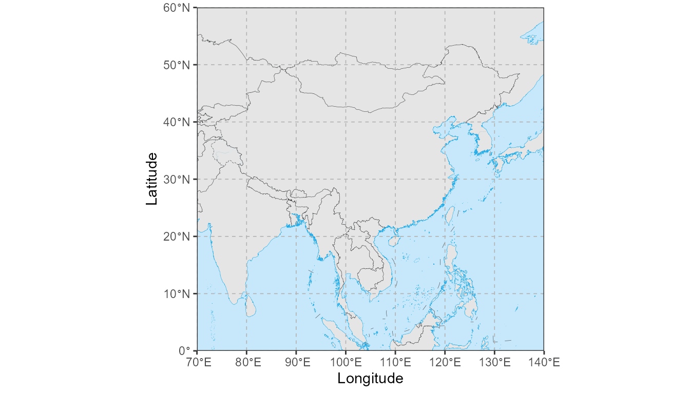 A regional map of China and surrounding areas with clean axis labels and specific graticule limits.