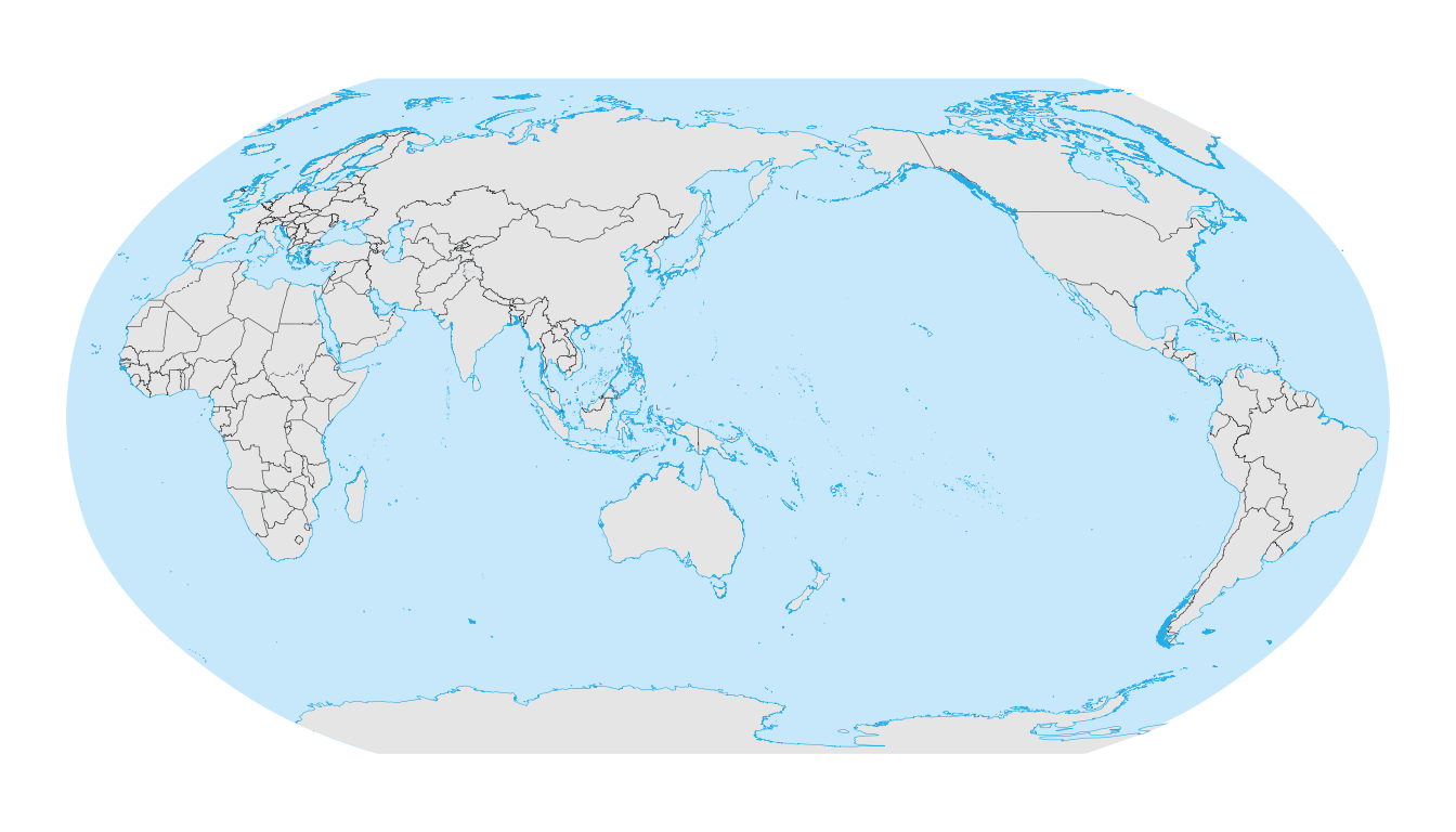 A Robinson projection world map centered on the Pacific Ocean (150 degrees East).