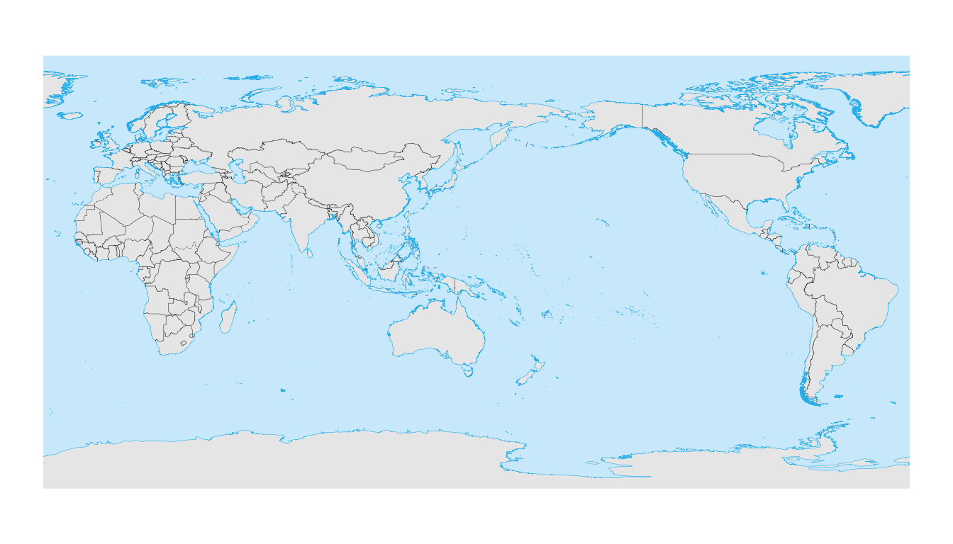 A rectangular projection world map centered on 150 degrees East.